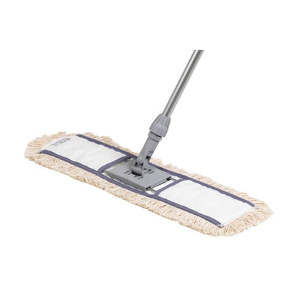 The Vileda Professional Dust Mop Classic by Vileda GmbH is a 60 cm long wet cleaning mop with a long handle and a flat, rectangular head. It features a white pad with beige fringes and is connected via a gray hinge. Ideal for effective dusting, it is presented against a white background.