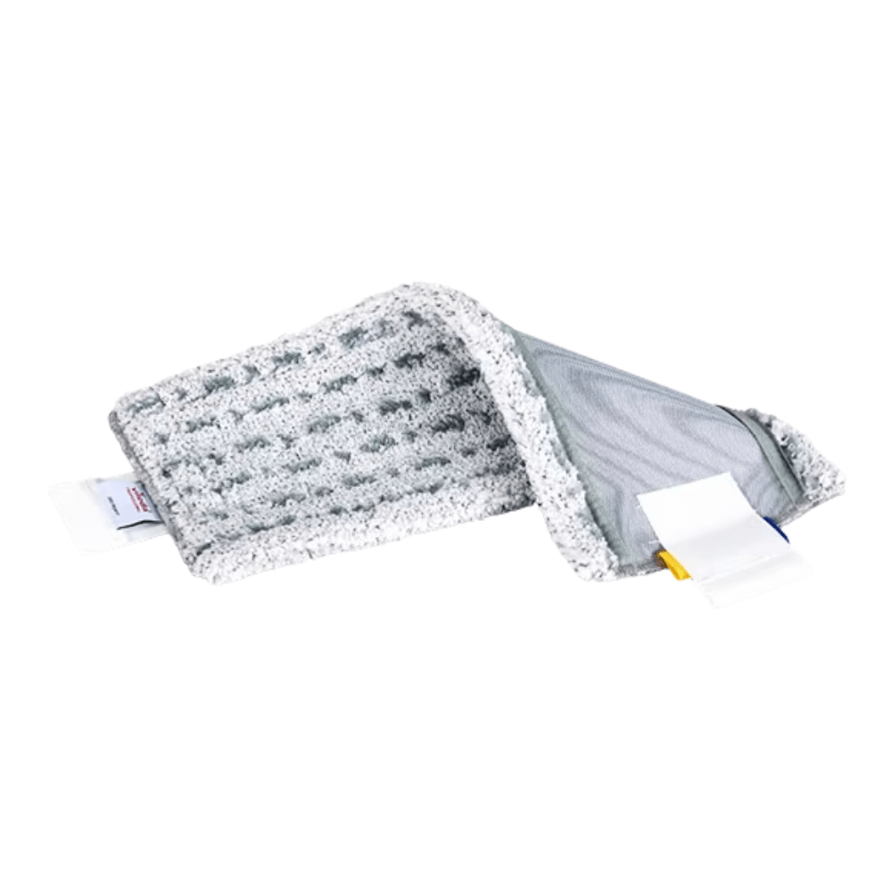 A gray textured cleaning cloth, the Vileda Professional UltraSpeed MicroLite max - 40 cm from Vileda GmbH, is partially folded to show its inner layer. It features labels at one end with care instructions and product information for convenient use and care.