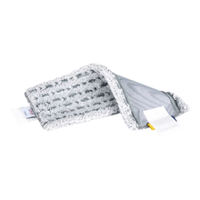 A gray textured cleaning cloth, the Vileda Professional UltraSpeed MicroLite max - 40 cm from Vileda GmbH, is partially folded to show its inner layer. It features labels at one end with care instructions and product information for convenient use and care.
