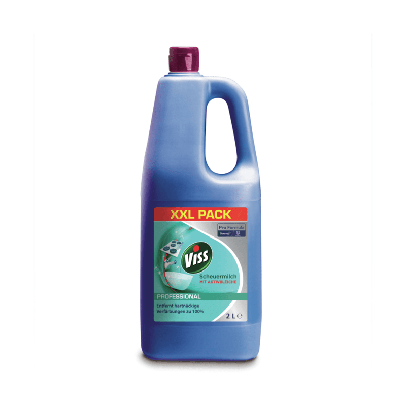 A 2-liter bottle of VISS Professional scouring milk with natural microparticles from Diversey Deutschland GmbH & Co. OHG, in blue color and with a purple cap. The label shows "XXL-Pack" and emphasizes the antibacterial properties and the effectiveness of lime removal, which is further enhanced by the powerful cleaning particles.