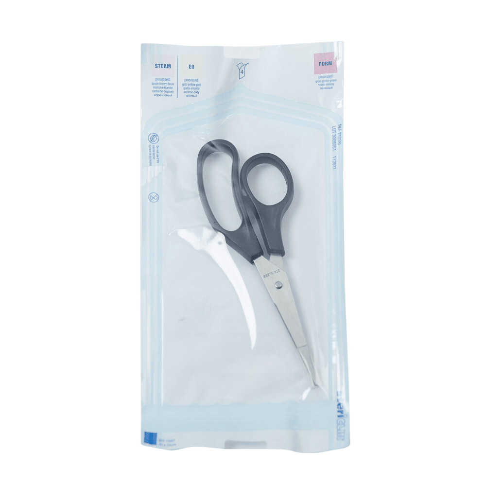 A sterile Altruan Vivomed disposable scissors with 2 pointed blades is securely enclosed in a clear sterile package. These scissors feature labeling for steam sterilization and correct use with various symbols and texts along the top edge, making them perfect for medical care requirements.