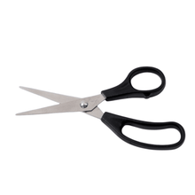 A sterile Altruan Vivomed disposable scissors with 2 pointed blades is pictured against a white background. These scissors have black plastic handles and the open, pointed metal blades make them suitable for cutting various materials and ideal for precise medical care requirements.
