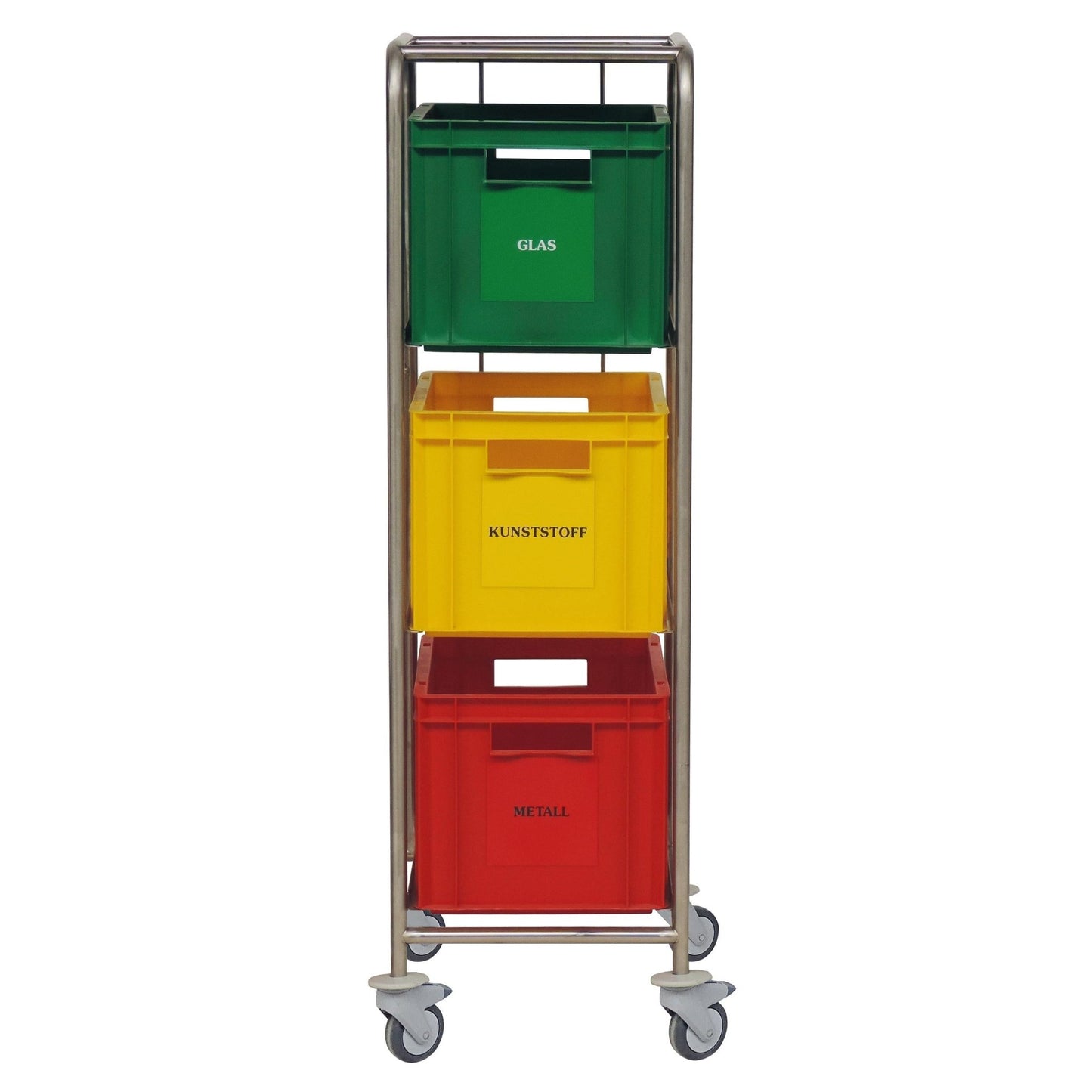 The Novocal recycling collector with colored plastic bins features a stainless steel frame and three color-coded containers (green "GLASS", yellow "PLASTIC", red "METAL") for efficient recycling and waste separation.