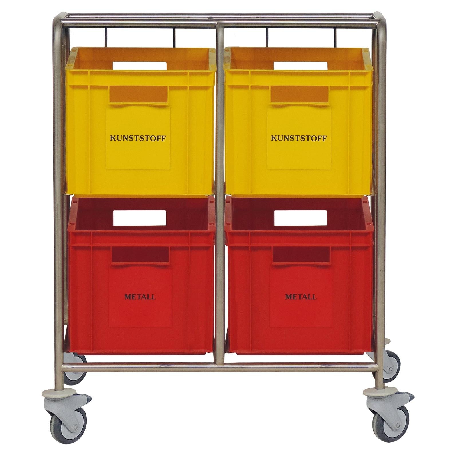 The Novocal recycling collector with colored plastic boxes features a stainless steel frame with four plastic containers - two yellow labeled "PLASTIC" and two red labeled "METAL" - all on wheels for convenient recycling.