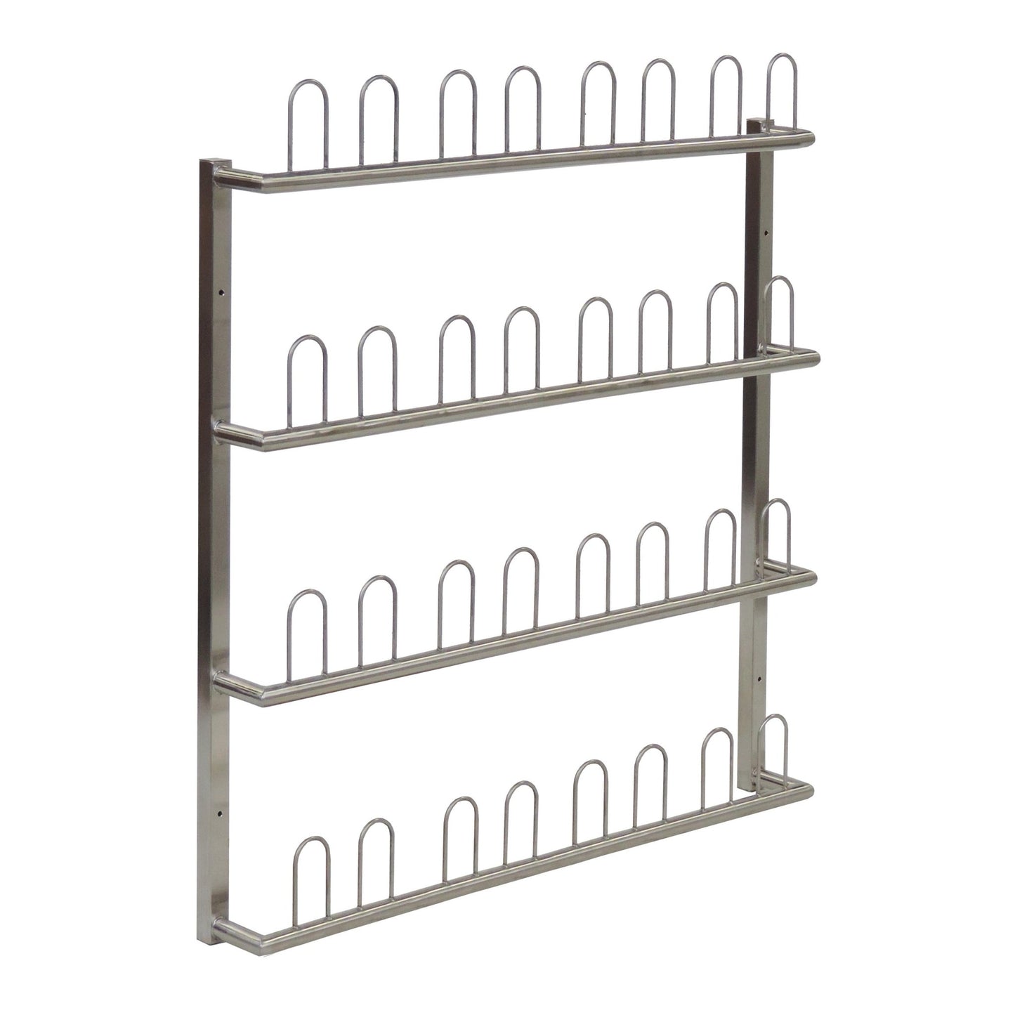 The Novocal rectangular wall shelf made of stainless steel provides space for 16 pairs of surgical shoes and is ideal for storage in medical facilities. Dimensions: see packaging (1 piece).