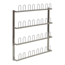 The Novocal rectangular wall shelf made of stainless steel provides space for 16 pairs of surgical shoes and is ideal for storage in medical facilities. Dimensions: see packaging (1 piece).