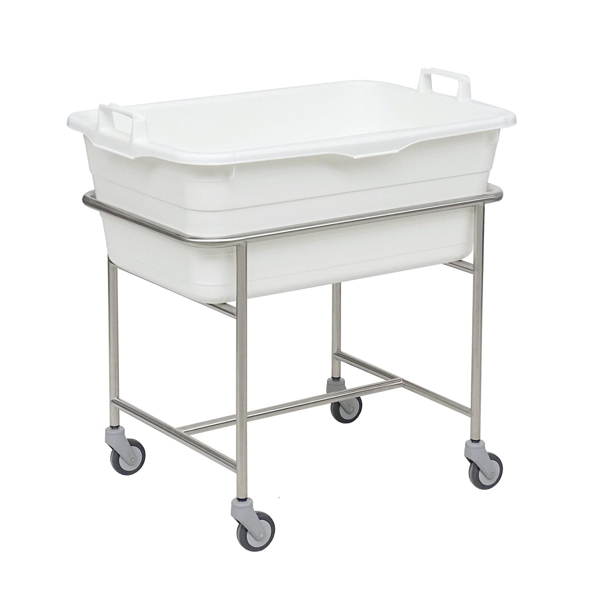The Novocal stainless steel chassis is equipped with 4 easy-running swivel castors (Ø 75 mm) and carries a robust plastic tub with a capacity of 90 L, ideal for use in hospitals. Brand: Novocal. Package size: 1 piece.