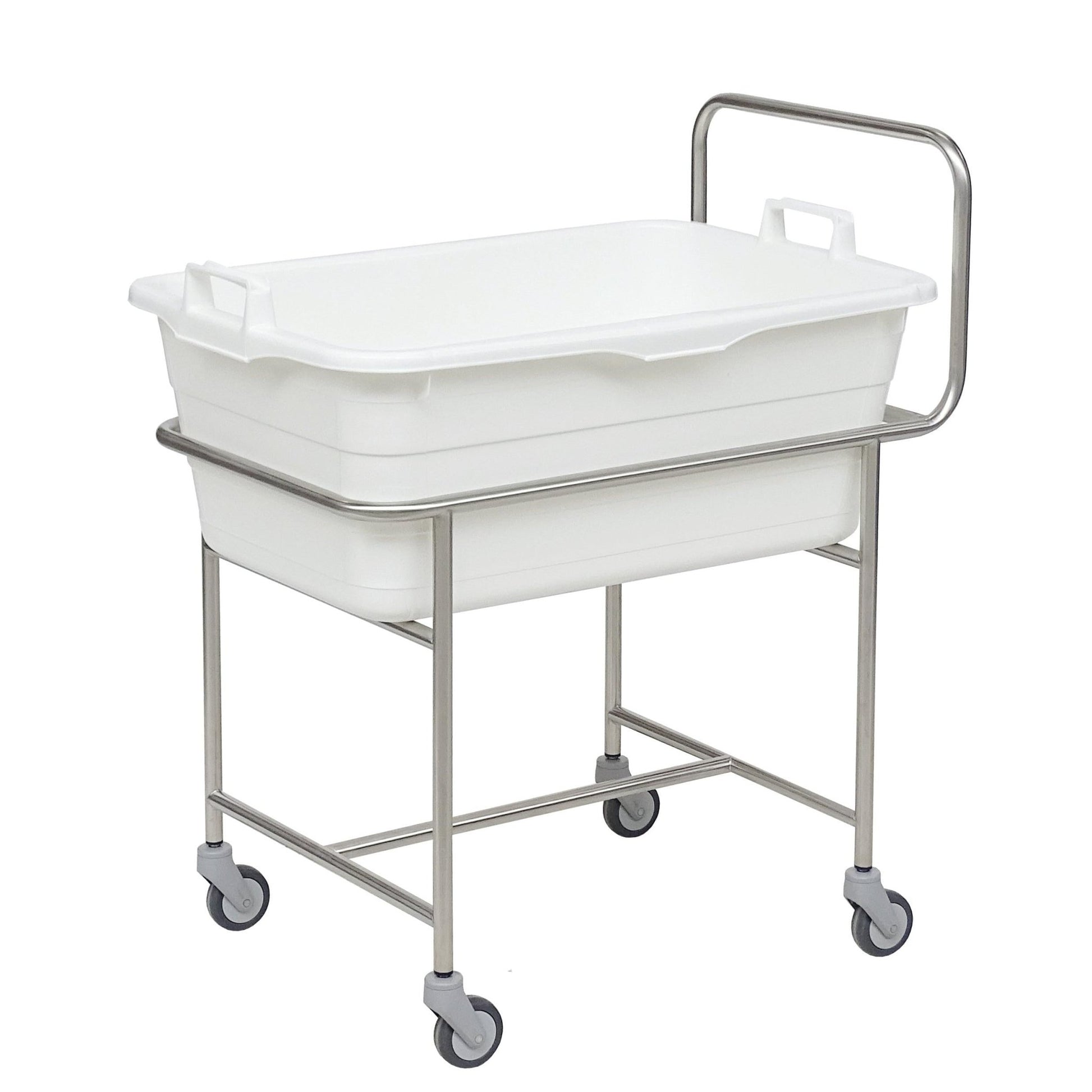 The Novocal stainless steel chassis with push bar features four Ø 75 mm easy-running swivel castors and holds a white plastic tub with handles.
