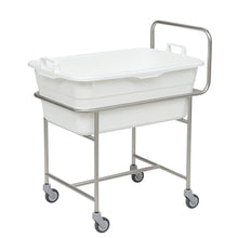 The Novocal stainless steel chassis with push bar features four Ø 75 mm easy-running swivel castors and holds a white plastic tub with handles.