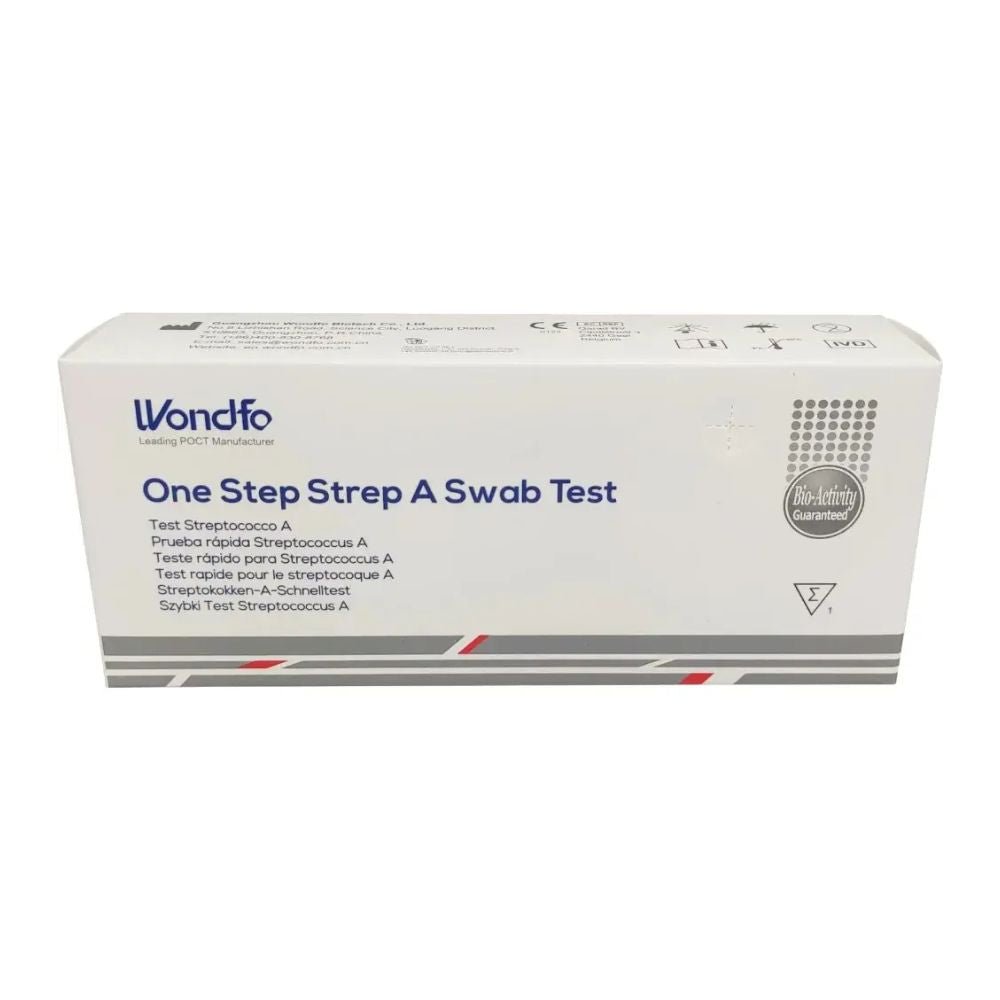 The image shows a white box labeled “Wondfo Group A Streptococcus Rapid Test – Scarlet Fever Self-Test” by Altruan, ideal for detecting streptococcus at home. The packaging features multilingual text and a quality seal on the right side, with red and gray stripes at the bottom.