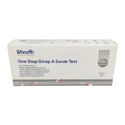 The image shows a white box labeled “Wondfo Group A Streptococcus Rapid Test – Scarlet Fever Self-Test” by Altruan, ideal for detecting streptococcus at home. The packaging features multilingual text and a quality seal on the right side, with red and gray stripes at the bottom.