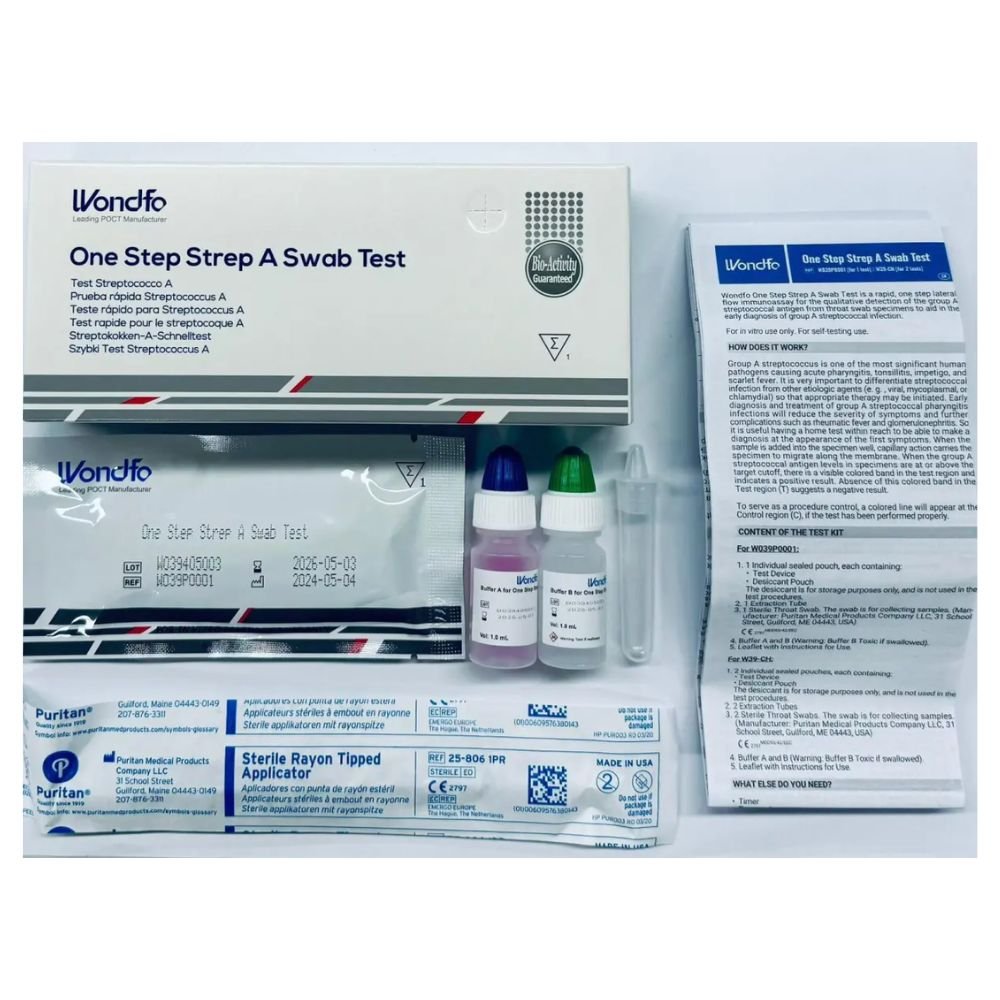 The Wondfo Group A Streptococcus Rapid Test by Altruan for scarlet fever self-testing consists of a test cassette, two reagent vials, a swab, and instructions. It is neatly packaged to help identify streptococcal infections and treat possible sore throats.