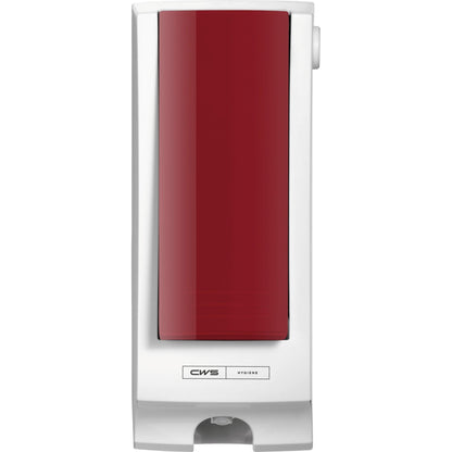 The CWS front panel for Paradise Seatcleaner is a white, wall-mounted dispenser with a striking red front and CWS branding, perfect for improving toilet hygiene.