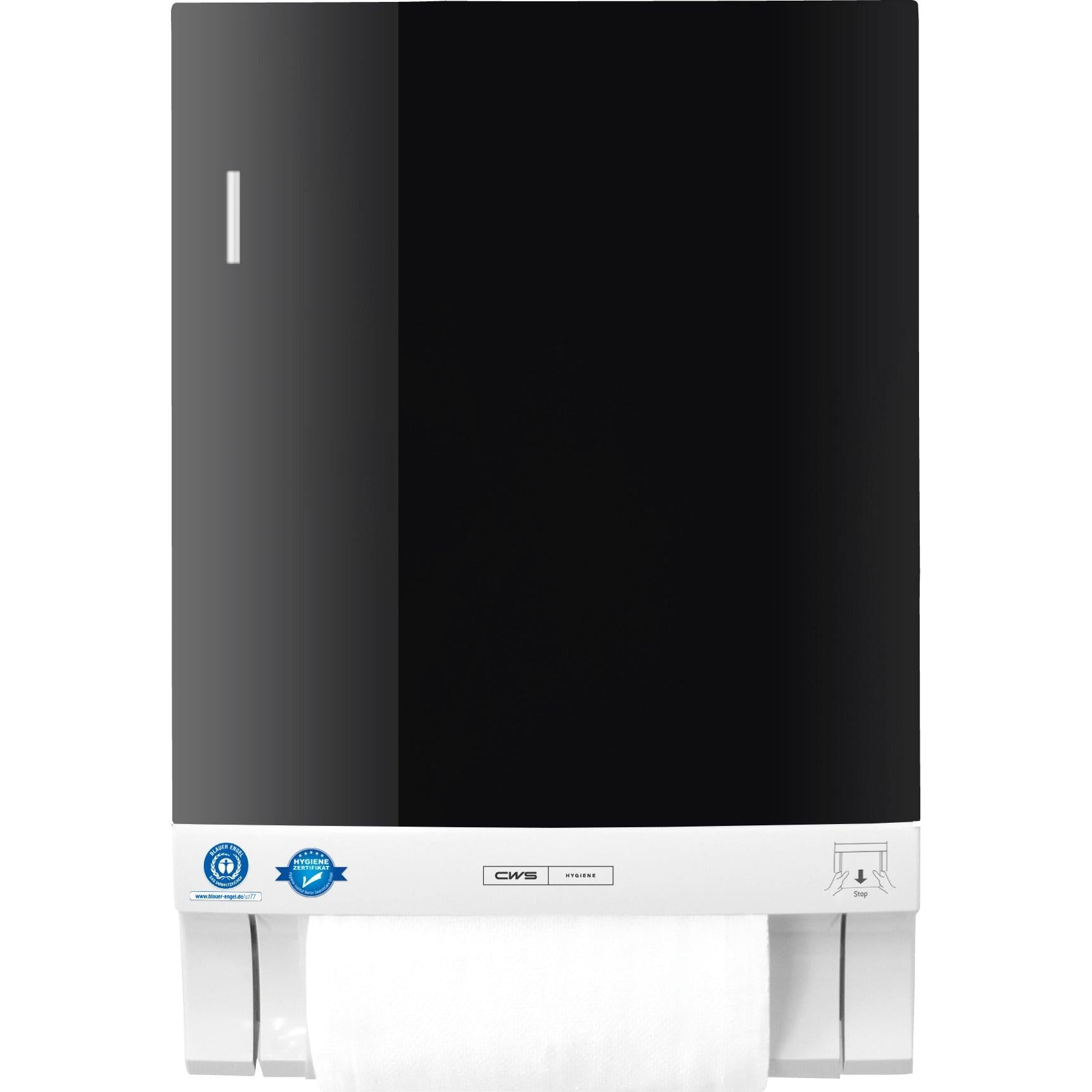 The CWS front panel for the Dry Slim fabric towel dispenser is a wall-mounted black and white device with two certification stickers at the bottom left, a visible towel roll at the bottom, and a sleek front panel design.