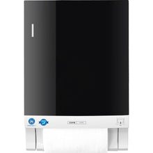 The CWS front panel for the Dry Slim fabric towel dispenser is a wall-mounted black and white device with two certification stickers at the bottom left, a visible towel roll at the bottom, and a sleek front panel design.