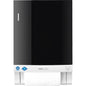 The CWS front panel for the Dry Slim fabric towel dispenser is a wall-mounted black and white device with two certification stickers at the bottom left, a visible towel roll at the bottom, and a sleek front panel design.