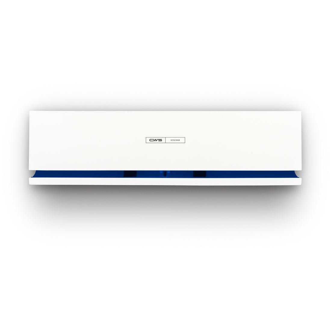 A rectangular white CWS Air Bar fragrance dispenser with a blue accent and CWS front panel is mounted on a white wall, presenting itself in a modern design.