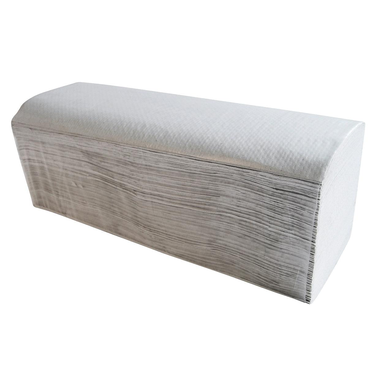 A stack of CWS folding paper natural white, C-fold, 1-ply made from recycled paper, in practical C-fold. Environmentally friendly paper towels from CWS - box with 24 packs.