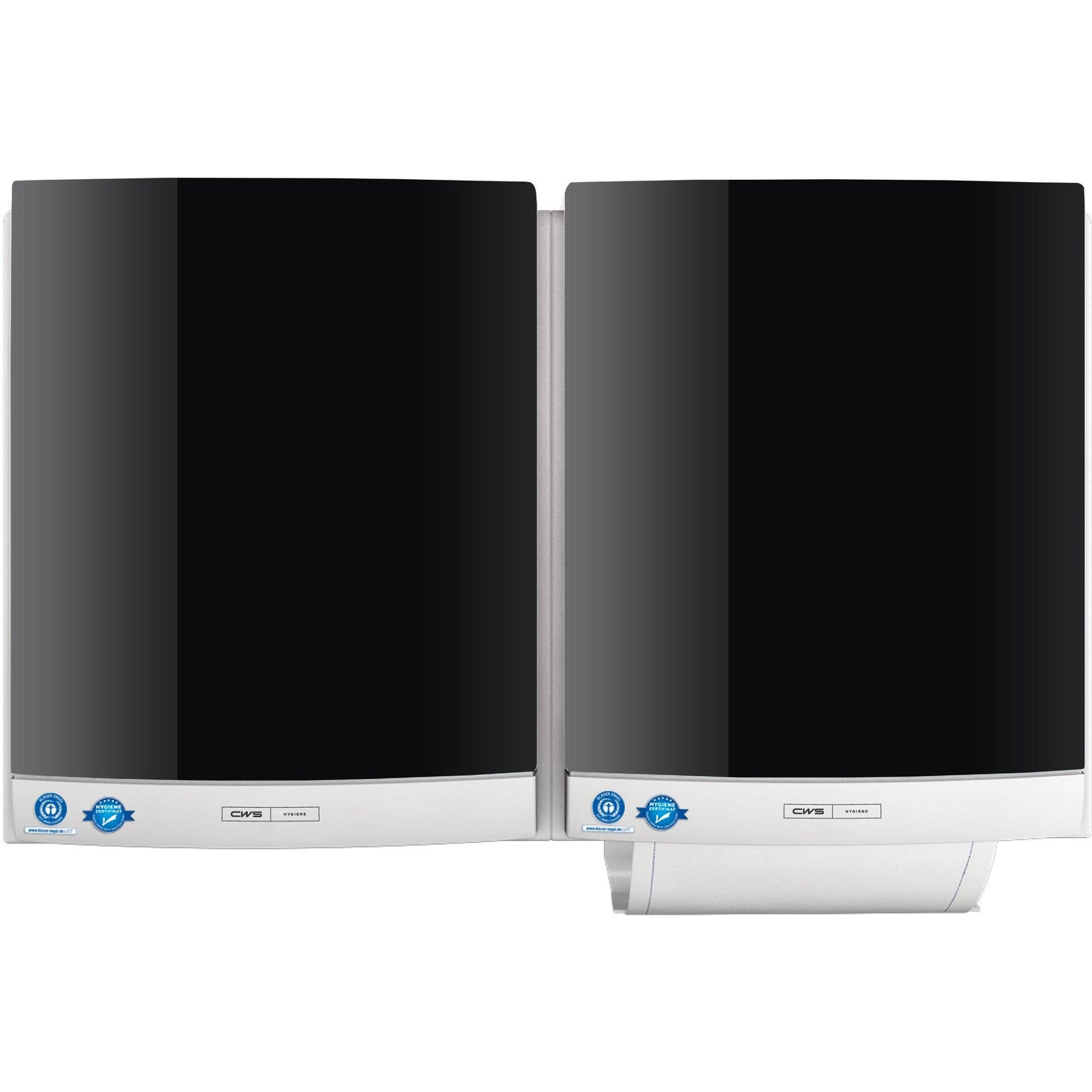 Two black-silver CWS front panels for DUO fabric towel dispensers from CWS are mounted side by side on the wall, each with a blue certification sticker in the lower left corner to ensure hygienic use.