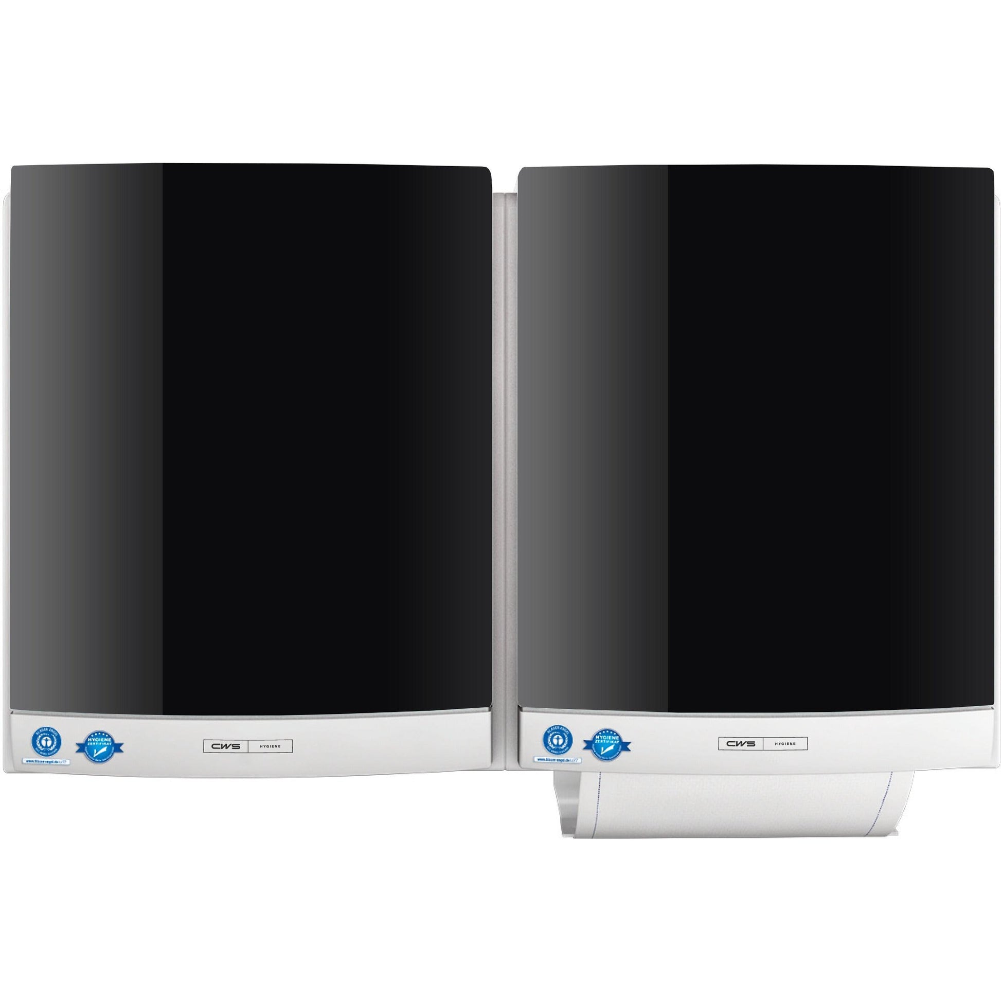 Two black-silver CWS front panels for DUO fabric towel dispensers from CWS are mounted side by side on the wall, each with a blue certification sticker in the lower left corner to ensure hygienic use.