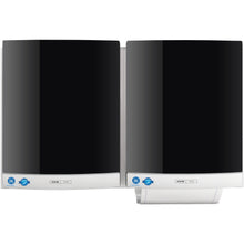 Two black-silver CWS front panels for DUO fabric towel dispensers from CWS are mounted side by side on the wall, each with a blue certification sticker in the lower left corner to ensure hygienic use.