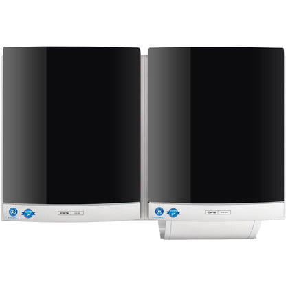 Two black-silver CWS front panels for DUO fabric towel dispensers from CWS are mounted side by side on the wall, each with a blue certification sticker in the lower left corner to ensure hygienic use.