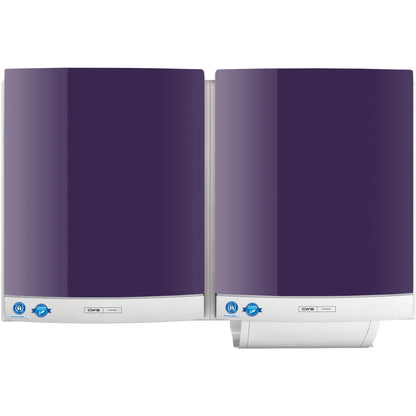 Two CWS front panels for DUO fabric towel dispensers, mounted side by side on the wall, have shiny purple fronts, white bases, and blue certification labels in the lower left corners for easy towel dispensing.