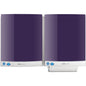 Two CWS front panels for DUO fabric towel dispensers, mounted side by side on the wall, have shiny purple fronts, white bases, and blue certification labels in the lower left corners for easy towel dispensing.