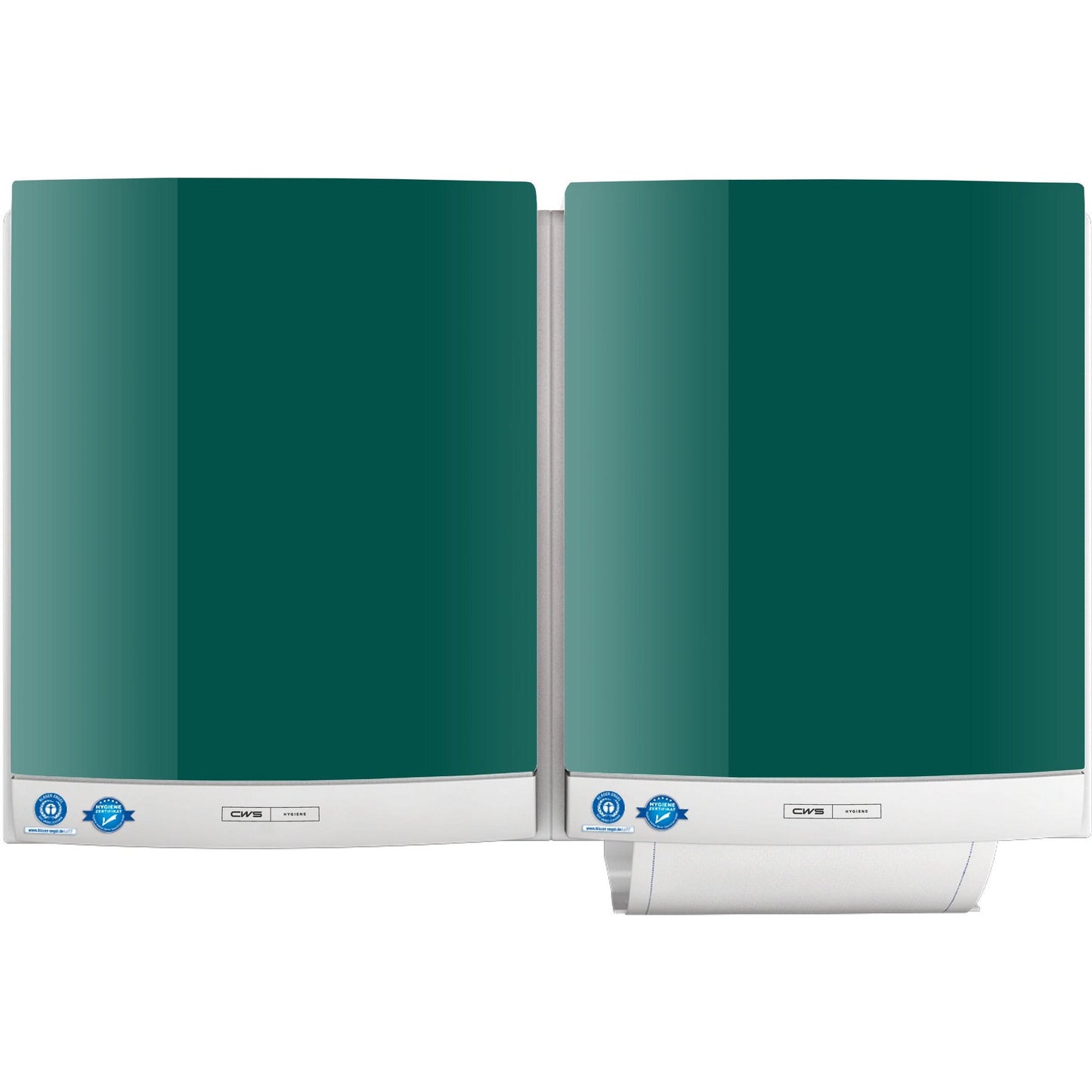 Two CWS front panels for DUO fabric towel dispensers in green and white are mounted side by side on the wall, with a towel roll protruding from the bottom of one for easy retrieval.
