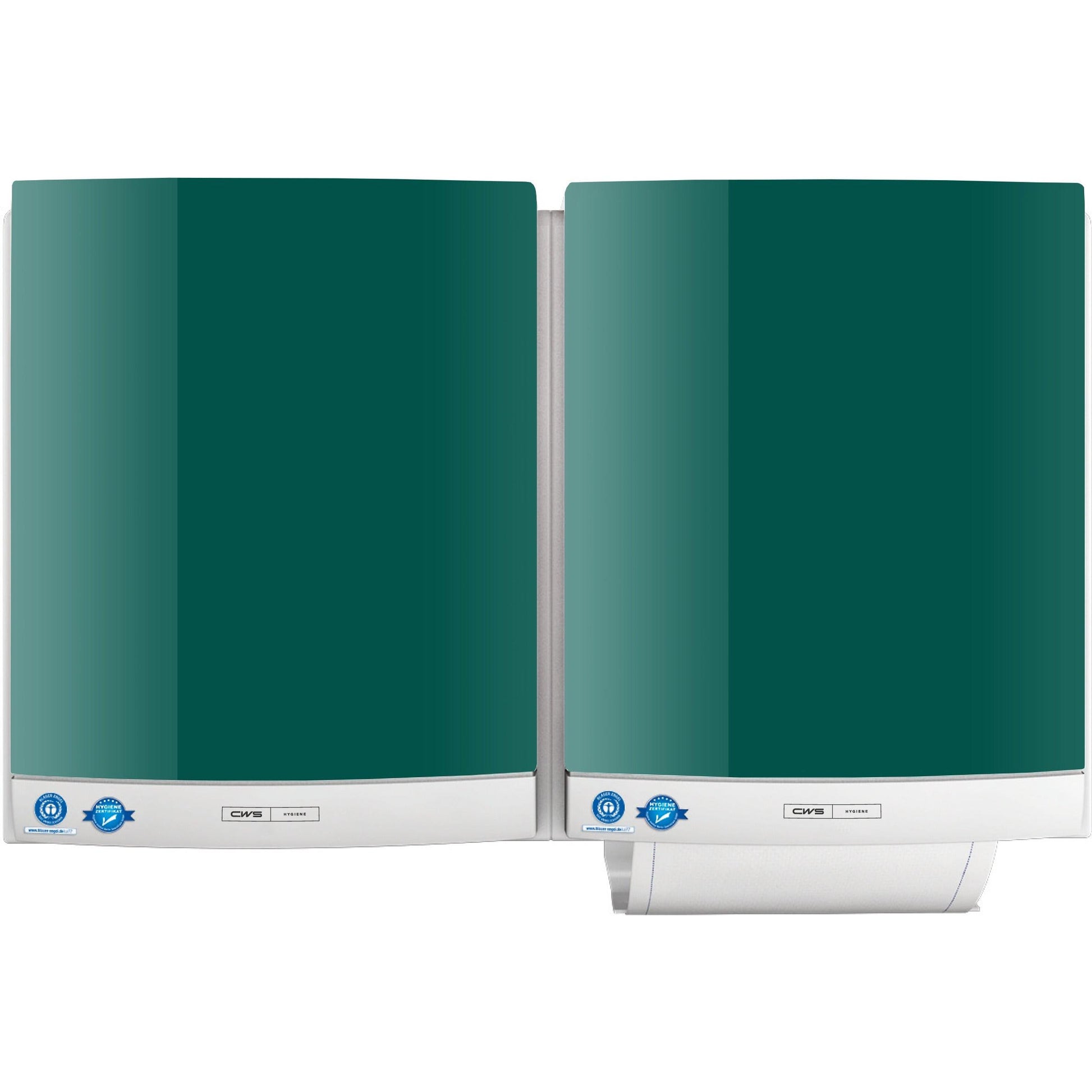 Two CWS front panels for DUO fabric towel dispensers in green and white are mounted side by side on the wall, with a towel roll protruding from the bottom of one for easy retrieval.