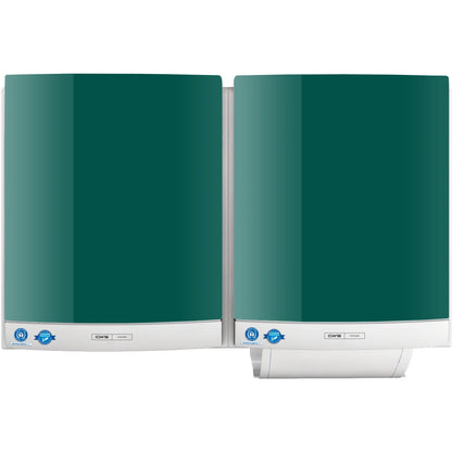 Two CWS front panels for DUO fabric towel dispensers in green and white are mounted side by side on the wall, with a towel roll protruding from the bottom of one for easy retrieval.