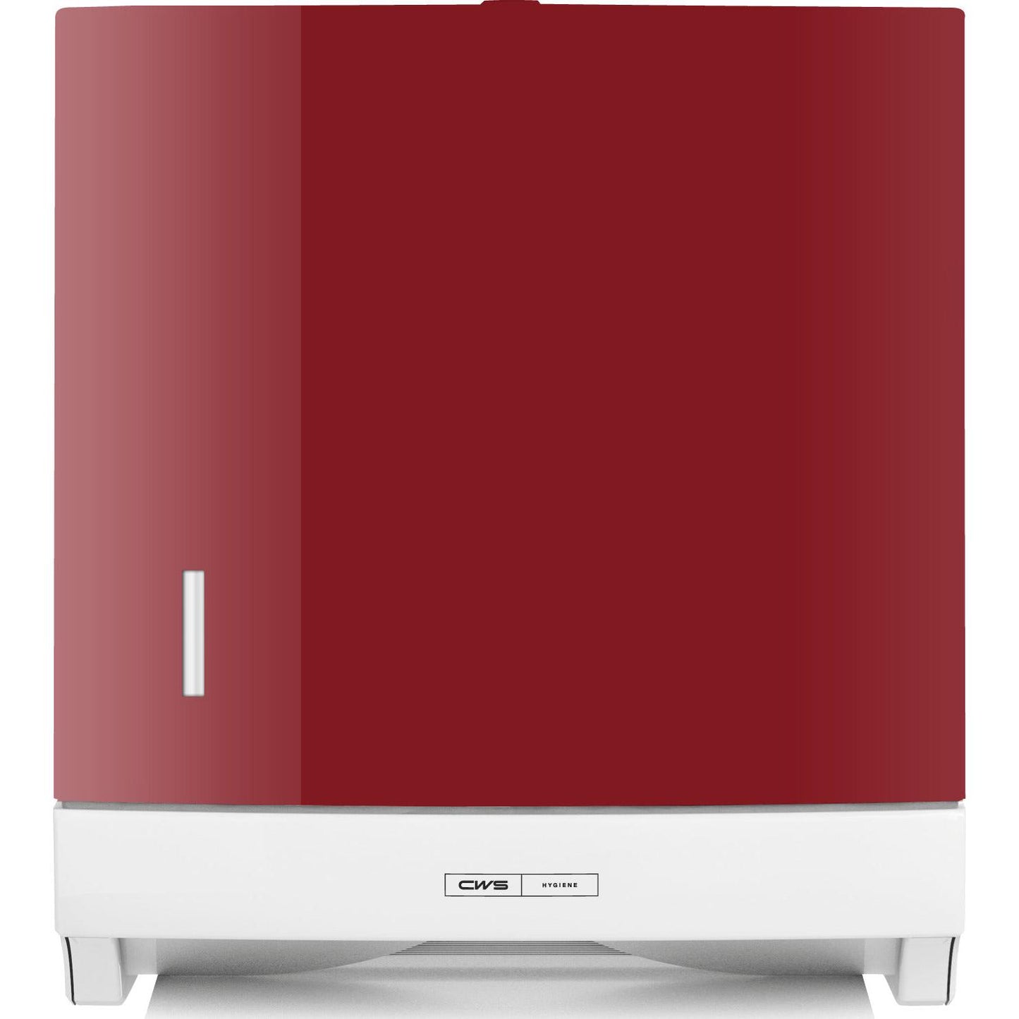 The red CWS front panel for the Paper Slim folded paper towel dispenser has a white base, a small rectangular viewing window on the left side, and the CWS logo in the lower center.