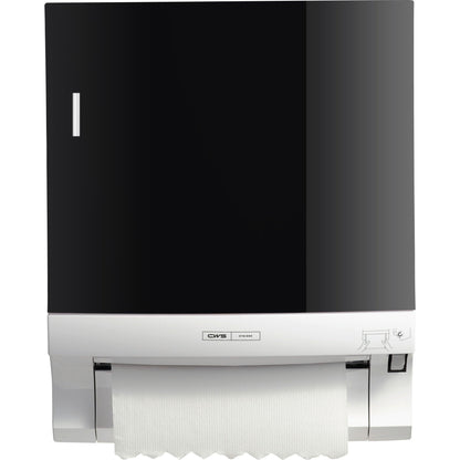 The CWS front panel for Paperroll paper towel dispensers is a black and white wall dispenser with visible towel paper, small graphics, and the CWS brand label on the front - perfect for optimizing washrooms.