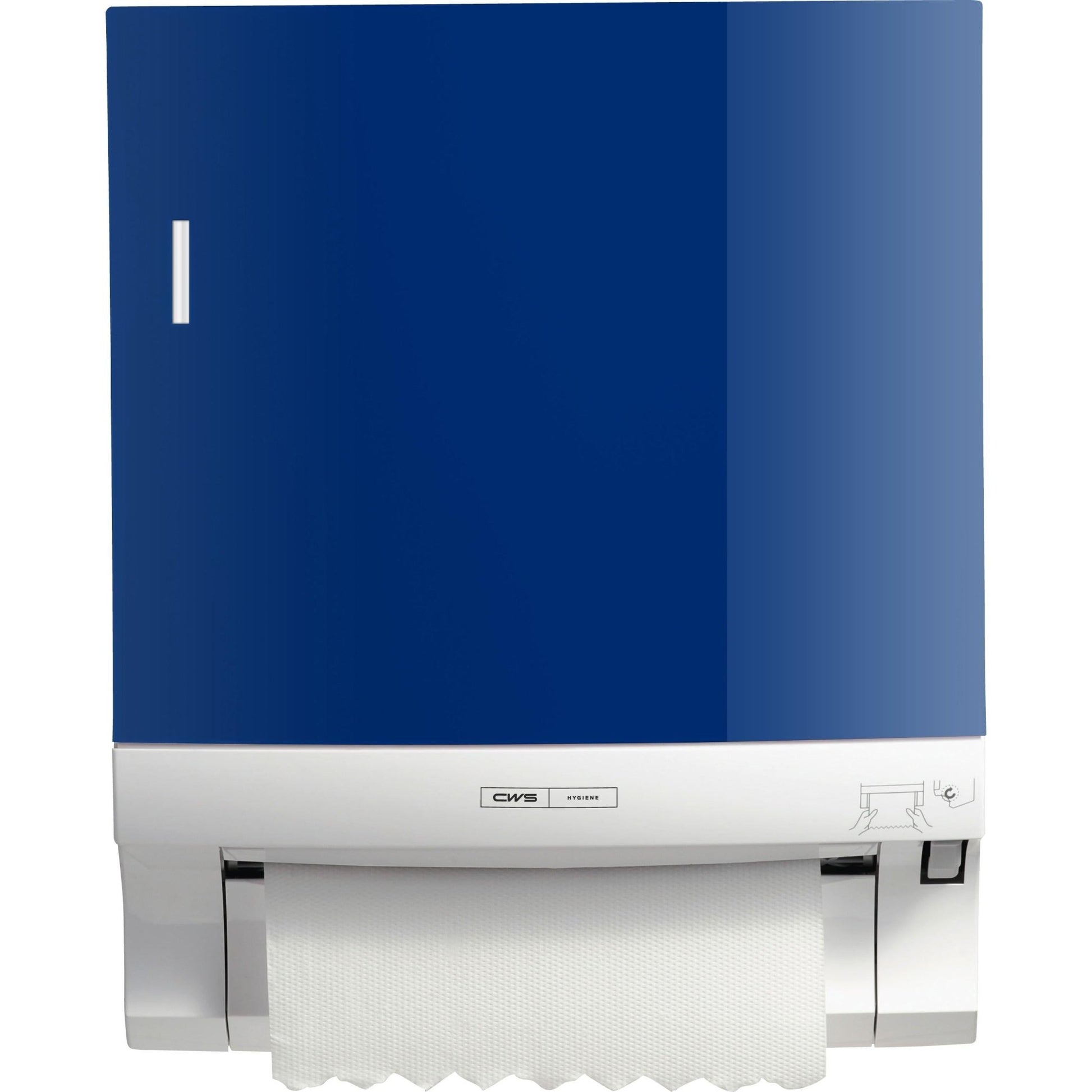 The wall-mounted CWS front panel for Paperroll paper towel dispensers has a blue front panel and a white base from CWS and dispenses folded paper towels underneath. A small graphic and a logo promote effective washroom optimization.