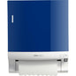 The wall-mounted CWS front panel for Paperroll paper towel dispensers has a blue front panel and a white base from CWS and dispenses folded paper towels underneath. A small graphic and a logo promote effective washroom optimization.