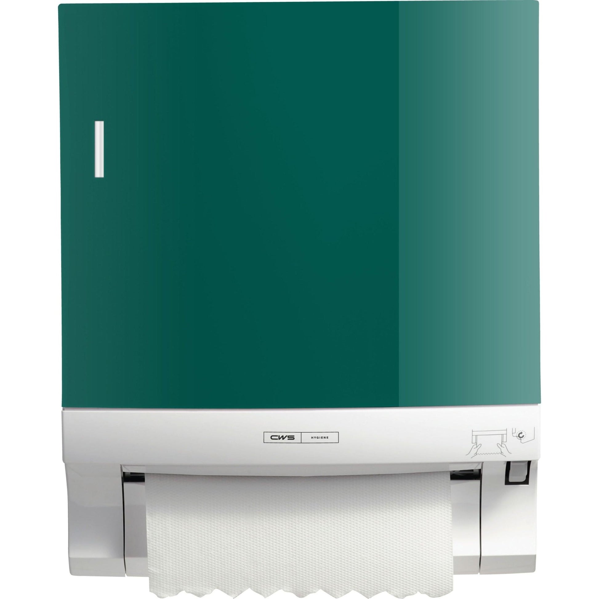 The CWS front panel for Paperroll paper towel dispensers in green and white features a vertical slot, a subtle logo, and partially dispensed towels - perfect for efficient washroom optimization.