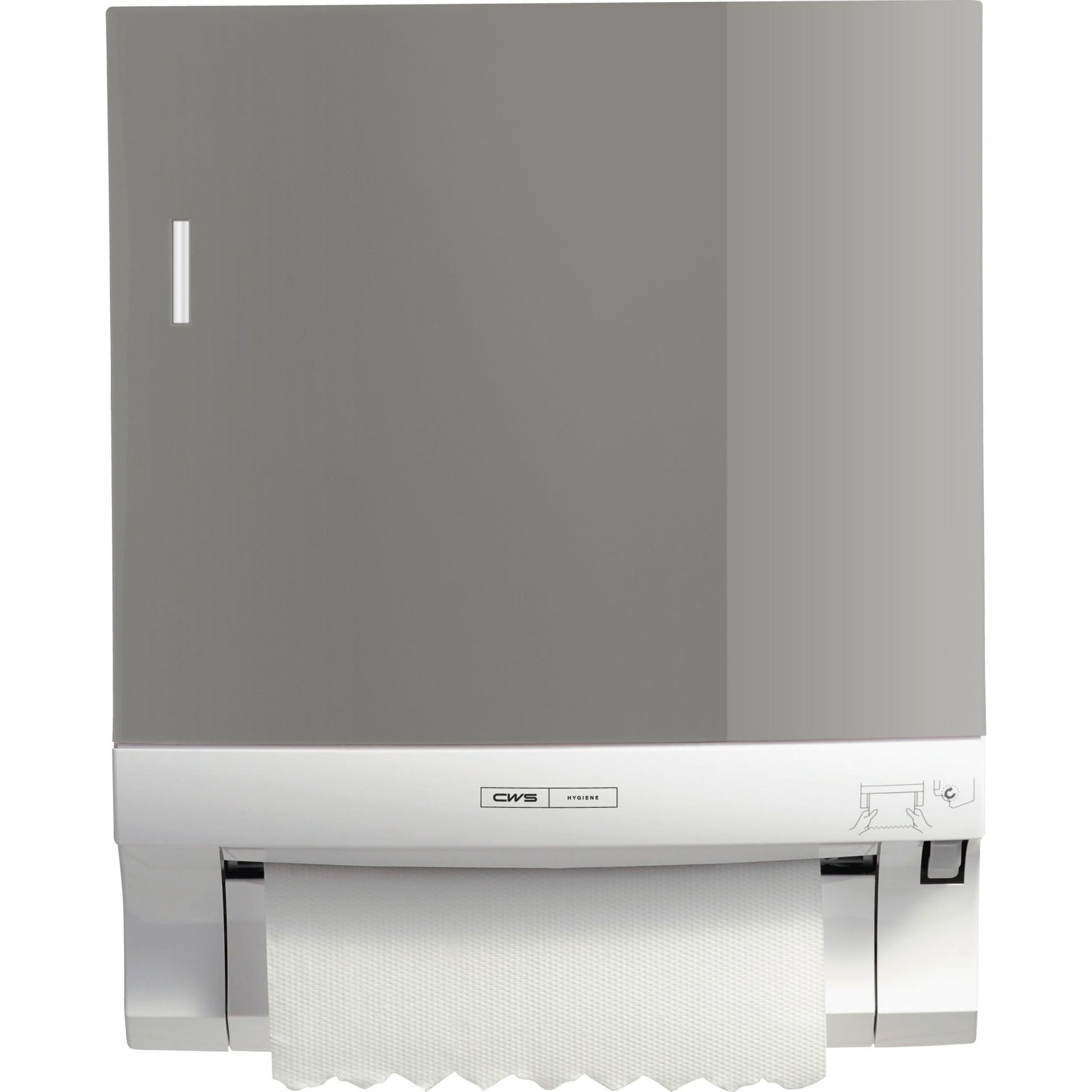 The wall-mounted CWS front panel for Paperroll paper towel dispensers from CWS shows a partially pulled-out sheet and an instruction symbol, making it ideal for efficient washroom optimization.