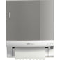 The wall-mounted CWS front panel for Paperroll paper towel dispensers from CWS shows a partially pulled-out sheet and an instruction symbol, making it ideal for efficient washroom optimization.