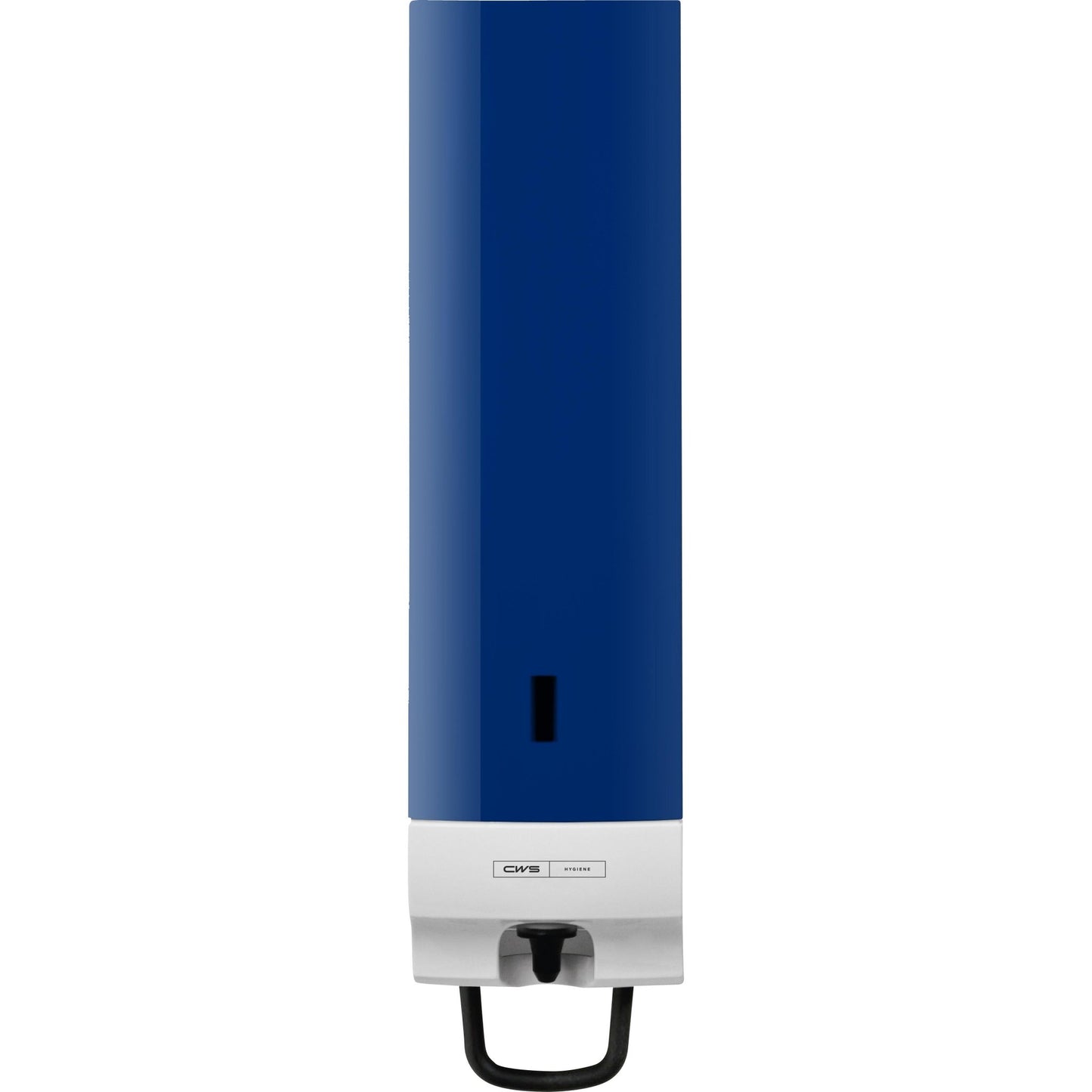 A wall-mounted blue and white CWS front panel for Foam Slim Non-Touch soap foam dispensers with a lower lever for dispensing; the CWS brand is visible on the lower part of the front.