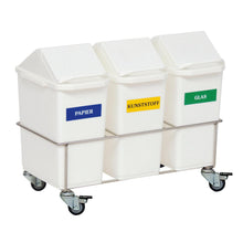 The Novocal room recycling collector triple collector consists of three white containers labeled "Paper", "Plastic", and "Glass" in a stainless steel trolley with wheels and slanted lids - perfect for easy waste sorting in hospitals.