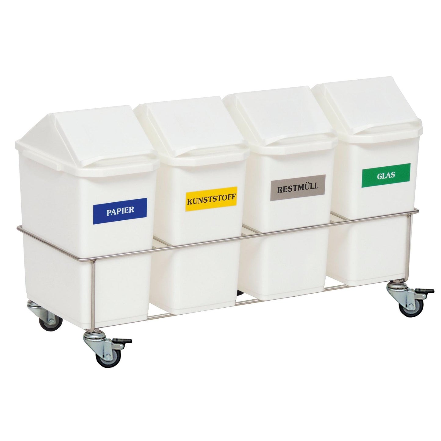 The Novocal room waste collector fourfold collector has four containers with lids and colored labels for paper, plastic, residual waste, and glass on a stainless steel frame with wheels - ideal for efficient waste separation in any room.