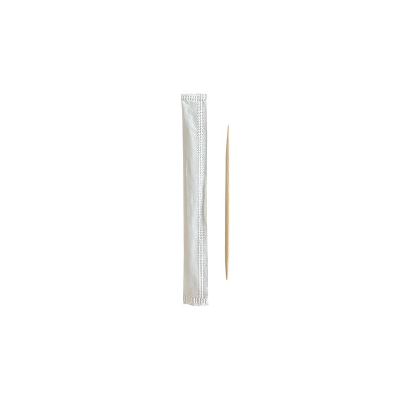 An environmentally friendly PAPSTAR "pure" wooden toothpick lies next to a treated white individual package on a plain white background.