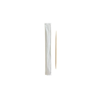 An environmentally friendly PAPSTAR "pure" wooden toothpick lies next to a treated white individual package on a plain white background.