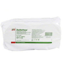 The package of Zelletten® cellulose swabs from Lohmann & Rauscher is ideal for medical applications. The label indicates the size (5 x 4 cm), the quantity (2 packs of 500 pieces), and the reference number (13 356). The package is primarily white with green text.