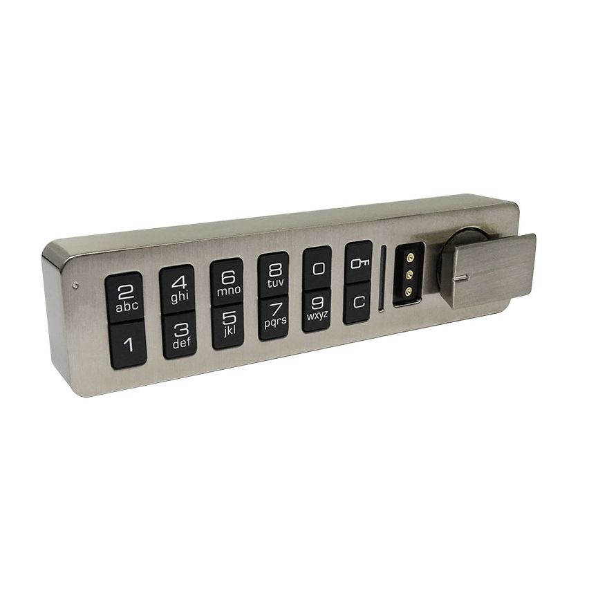 The Novocal electronic combination lock for single-point locking features a horizontal keypad with the numbers 0–9, a clear key and an enter key, a metal finish, and a knob latch on the right side as part of the locking system.