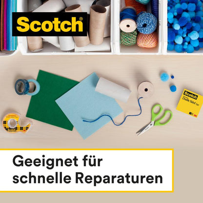 On a table are crafting supplies - colored paper, cardboard tubes, tape, scissors, yarn, and blue pom-poms. The 3M logo is depicted. The German text reads: "Suitable for quick repairs." Highlighted: Scotch® double-sided tape with dispenser.