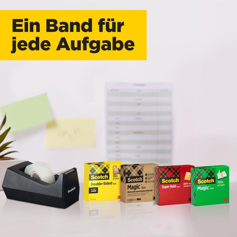A black tape dispenser and five Scotch® tapes, including Scotch® Super-Hold Secure Tape (1 roll, 19 mm x 25.4 m) from 3M Deutschland GmbH, are arranged on a white surface with blurred sticky notes and an empty form in the background.