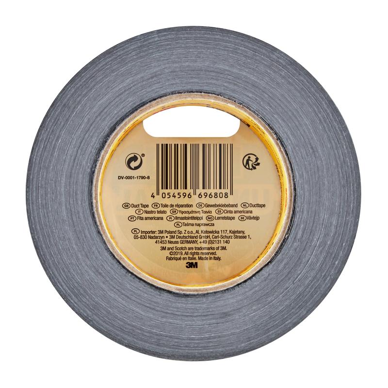 A roll of Scotch® Universal Tape 2904 from 3M Deutschland GmbH, 50 m x 48 mm, in top view with circular shape, inner cardboard core with barcode and product information on the label.