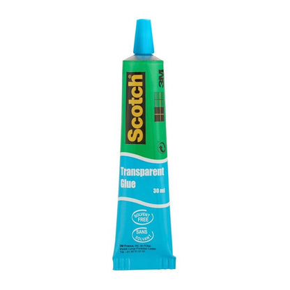 A 30 ml tube of Scotch® transparent solvent-free adhesive for household use from 3M Deutschland GmbH, with a turquoise cap, blue label, and green, yellow, and black branding. Solvent-free. 1 tube per package.