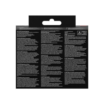 The back of the 3M™ Particulate Respirator 8810, FFP2, without valve (3-pack) from 3M Deutschland GmbH is provided with multilingual white text on a black background, a hanging tab with a cutout at the top, and two small symbols in the upper right corner.